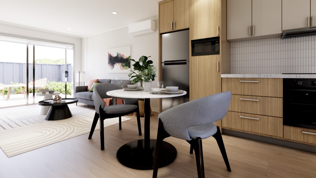 Open plan living and dining in a Berrigan Grove villa