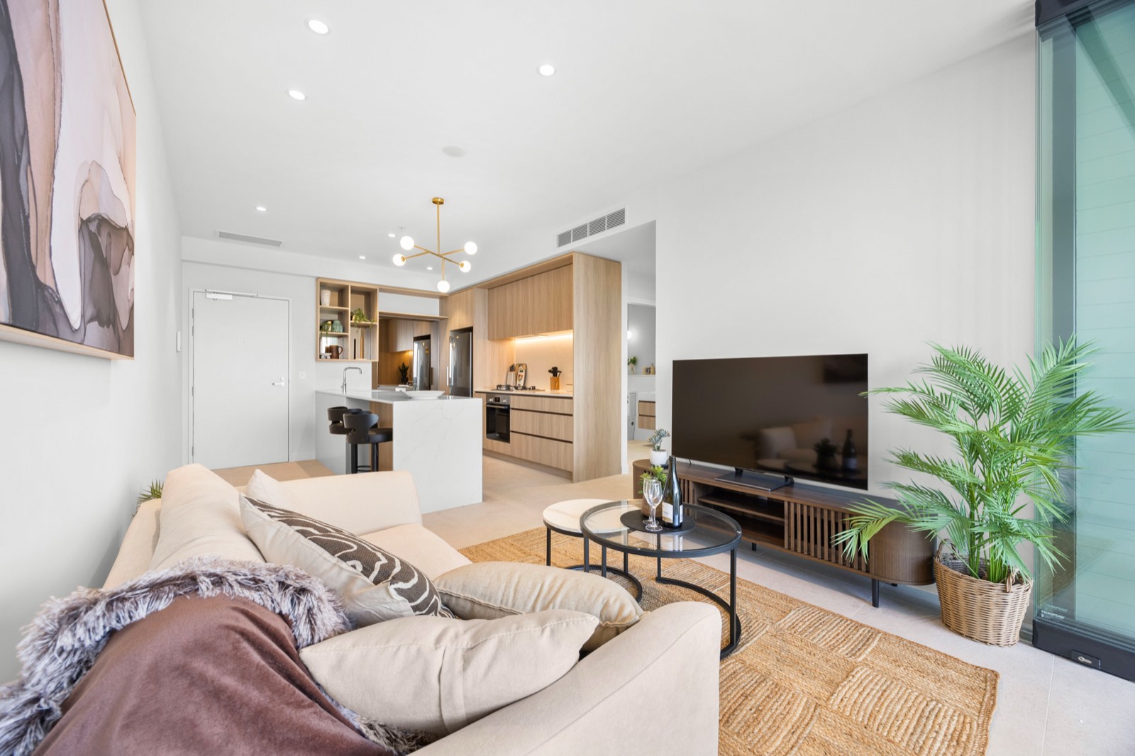 Living and kitchen in apartment 2405, 80 Milligan Street, Perth